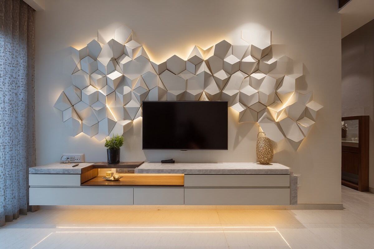 Full-Wall Media Console with Bookmatched Porcelain Slab & Charcoal Slats #21